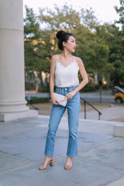 petite review of the sustainable everlane kick crop jeans // date night outfit ideas White Top Date Night Outfit, White Strap Top Outfit, Blue Cami Outfit, White Camisole Outfit, Lace Crop Top Outfit, Camisole Top Outfit, Camisole Outfit, White Camisole Top, Dinner Outfit Summer