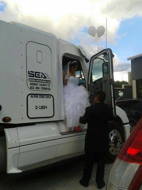 A nice day for a trucker wedding! Trucker Wedding, Trucker Quotes, Biker Wedding, Truckers Wife, Truck Stuff, Wedding Engagement Photos, Truck Driver, Wedding Pics, Big Trucks