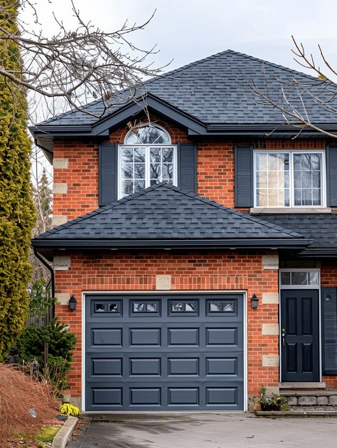 What Color Garage Door With Red Brick House? Brick House With Blue Trim, Garage Door Colors With Red Brick, Grey Garage Doors, Black Garage Door, Exterior Garage Door, Garage Door Sizes, Garage Door Colors, Garage Door Paint, Concrete Floor Coatings