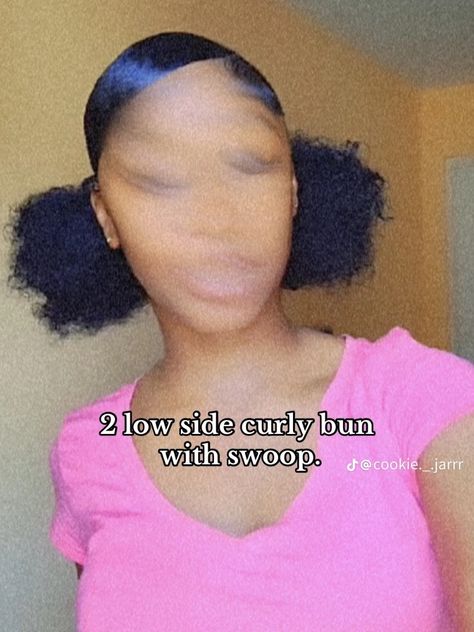 Two Buns And A Swoop, Two Low Buns With Swoop Natural Hair, How To Do 2 Low Buns, Swoop Two Buns, Swoop Natural Hairstyles, 2 Puff Hairstyles, Two Low Puffs Natural Hair, Cute Puff Hairstyles Natural Hair, Swoop With Two Buns