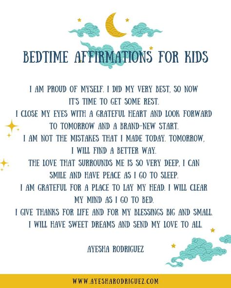 Positive Mantras For Kids, After School Activities For Kindergarteners, Positive Parenting Affirmations, New Parent Affirmations, Kids Morning Affirmations, Affirmations For Parenting, Prayer For Kids Bedtime, Homeschool Affirmations, Kids Prayers Bedtime