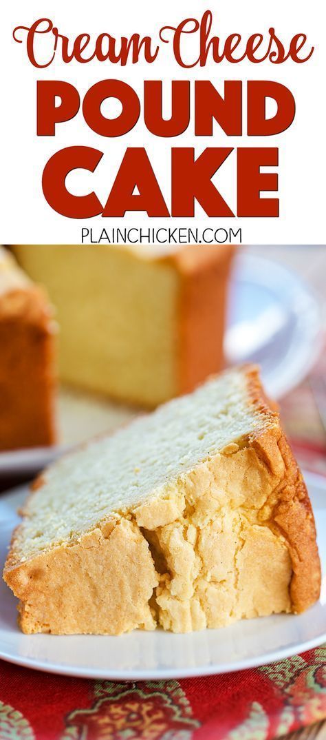 Cream Cheese Pound Cake - INCREDIBLE! So simple, yet so delicious! Butter, cream cheese, sugar, eggs, flour, vanilla. Serve with vanilla ice cream. Great for holiday meal dessert. Also makes a great homemade holiday gift! Cream Cheese Pound Cake Recipe, Cheese Pound Cake, Cream Cheese Desserts, Sour Cream Pound Cake, Cream Cheese Pound Cake, Dessert Simple, Cheese Dessert, Sugar Eggs, Holiday Meal