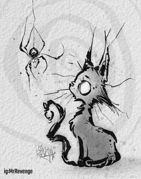 Creepy Cool Drawings, Funky Art Sketches, Snowglobe Tattoo, Spider Cat, Tattoos Simple, Creepy Drawings, Cat Hacks, Spine Tattoos, Halloween Drawings