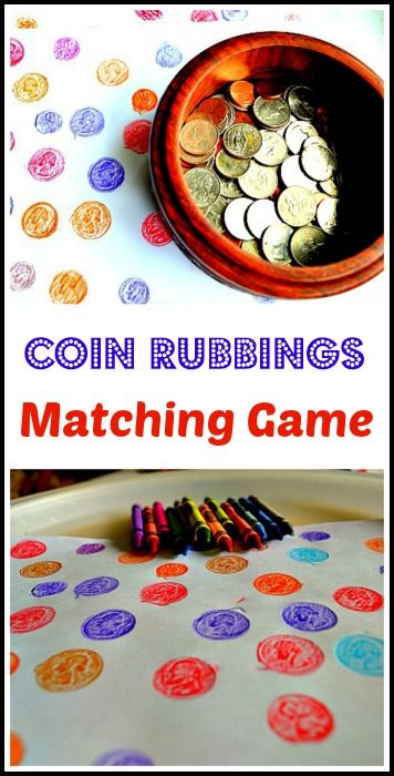 Math and art activity rolled into one for preschoolers: A fun matching game and other coin rubbings ideas. Quarter Activities For Preschool, Money Theme Preschool, Money Sensory Activities, Quarter Crafts For Preschool, Money Eyfs Activities, Pirates Eyfs Activities, Money Activities Eyfs, Money Crafts For Preschoolers, Money Eyfs