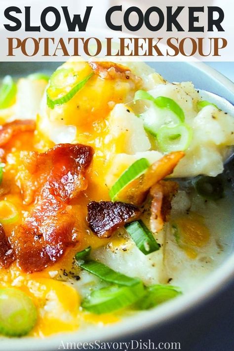 close up photo of a bowl of potato leek soup topped with cheese, bacon, and onions Crockpot Leek And Potato Soup, Potato Leek Soup Crock Pot, Slow Cook Potatoes, Slow Cooker Potato Leek Soup, Tenderloin Instant Pot, Pasta Dishes Healthy, Leek And Bacon Soup, Hearty Bowls, Vegetable Sheet Pan