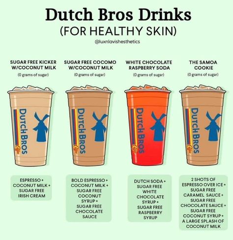 Low Cal Dutch Bros Drinks, Low Calorie Dutch Bros Drinks, Torani Syrup Recipes, Dutch Drinks, Low Sugar Drinks, Dutch Bros Drinks, Torani Syrup, Sugar Free Drinks, Starbucks Orders