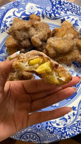 Jessica Nguyen's Apple Fritters Jessica Nguyen, Apple Fritters, Pancake Batter, Small Bites, Rice Flour, Cinnamon Sugar, Ground Cinnamon, Bite Size, 1 Cup