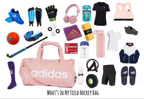 What To Put In Your Field Hockey Bag, Hockey Bag Organization, Field Hockey Essentials, Field Hockey Bag Essentials, Hockey Fotos Aesthetic, Field Hockey Bag, Sports Bag Essentials, Field Hockey Outfits, Lacrosse Outfits