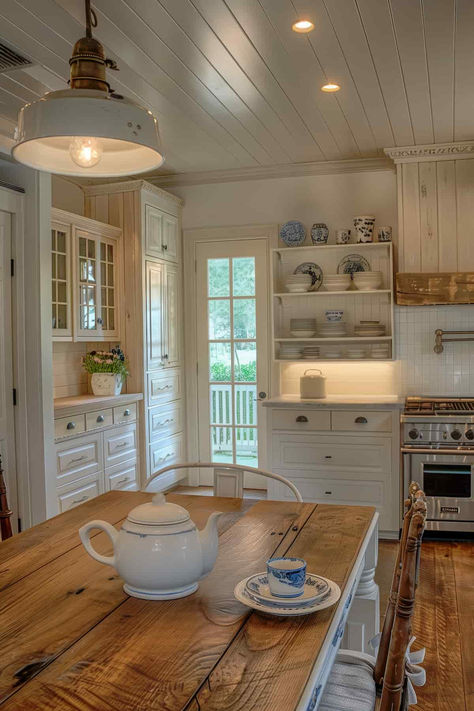 37 French Country Kitchen Ideas for Functional Farmhouse Style Country Kitchen With Table In Middle, Vintage Kitchen Small Spaces, Small Kitchen French Doors, Cozy Kitchen And Dining Room, Small Country Home Ideas, Antique Country Kitchen, French Style Farmhouse, Southern Country Kitchen, American Farmhouse Style Interior