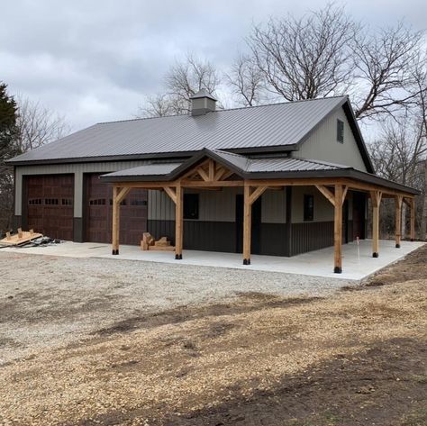 Shop House Front Porch, Gray Shop House, Galvanized Shed Ideas, Brown And Black House Interior, Tan Metal Building With Black Trim, Barndominium Side Porch, Shop House Porch, Tan Metal Building, Barndo Floor Plans With Shop