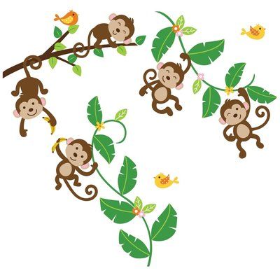 Isabelle & Max™ Five Little Monkeys Nursery Wall Decal are swinging from the trees! These playful little critters have come to frolic on the walls and bring the jungle to your room. They’ve even brought the bananas! Hanging vines, orange and yellow birds, and tiny flowers pull this lively set of decals together. | Isabelle & Max™ Five Little Monkeys Nursery Wall Decal, Vinyl in Brown/Green, Size 18"H X 11"W | Wayfair | Home Decor Birch Tree Nursery, Swinging Monkey, Jungle Wall Decals, Baby Wall Stickers, Monkey Nursery, Cloud Wall Decal, Bible Wall Decals, Five Little Monkeys, Monkey Wall