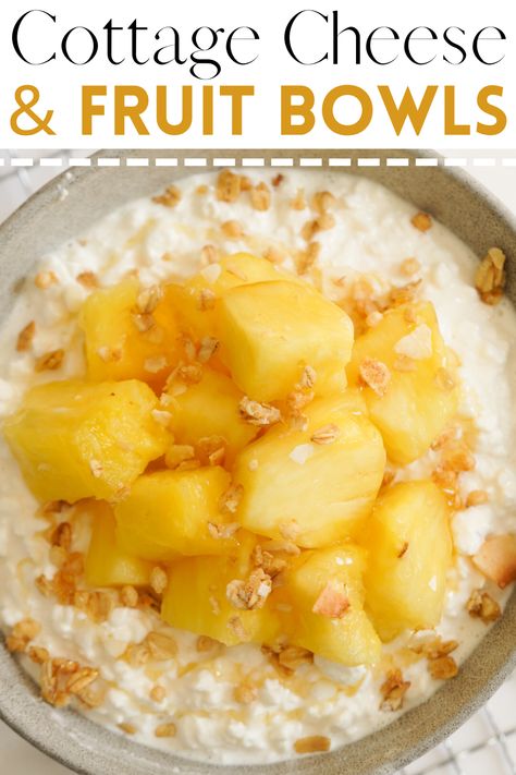 Cottage Cheese with Fruit is a nutritious and delicious breakfast or snack option! Assembled in less than 5 minutes, this quick and easy “recipe” is packed with protein and fiber. Plus the additional toppings of your choice – like granola, nuts, or seeds – can make these satisfying bowls even better. Cottage Cheese Recipes With Fruit, Cottage Cheese Bowls Sweet, Fruit And Cottage Cheese, Cottage Cheese And Fruit Recipes, Cottage Cheese And Peaches, Cottage Cheese Topping Ideas, Cottage Cheese Fruit Bowl, Cottage Cheese With Fruit, Cottage Cheese Toppings