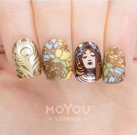 Art Nouveau is not exclusive to canvases, hallways, stairs, doors, and windows alone; it applies to all medium possible for art, including nails! This nail art definitely nailed it (no pun intended) with its feminine and organic design. London Nails, Principles Of Art, Feminine Art, Japanese Woodblock Printing, Liquid Gold, Brown Nails, Yellow Nails, Prom Nails, Jan 20