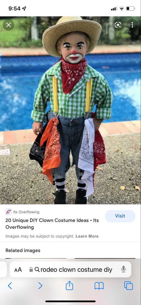 Rodeo Clown Face Paint, Rodeo Clown Outfit, Rodeo Trunk Or Treat Ideas, Rodeo Clown Makeup, Rodeo Clown Costume, Clowns Costume, Rodeo Costume, Clown Costume Diy, Clown Outfits