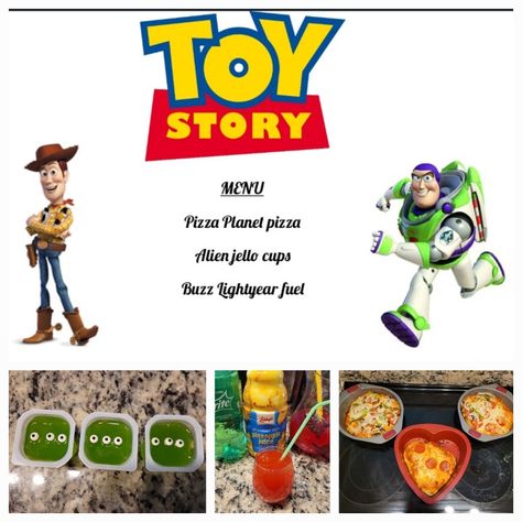 Toy Story Dinner And A Movie, Toy Story Dinner, Movie Night Desserts, Themed Movie Night, Family Movie Night Themes, Disney Movie Night Menu, Fiction Food, Themed Meals, Movie Dinner