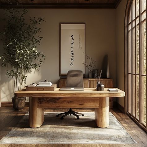 Boost your productivity in a calm and inspiring home office. This Asian-inspired design features a wooden desk, calligraphy art, and natural elements like bamboo, creating the perfect work environment. #HomeOfficeDesign #AsianStyle #CalligraphyArt #ZenWorkspace Natural Office Decor, Chinese Study Room, Japanese Home Office, Architect Inspiration, Natural Office, Office Productivity, Asian Inspired Decor, Watch Reference, Zen Space