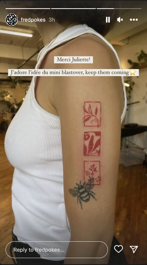 Rectangle Tattoo Placement, Upper Arm Tattoo Placement, Red Line Tattoos, Patterned Tattoos, Polaroid Tattoo Ideas, Square Tattoos, Layered Tattoo, Red And Black Tattoos, 2x2 Tattoo