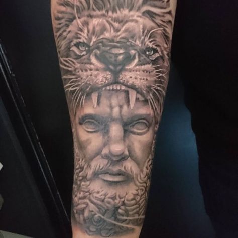 10+ Best Hercules and Lion Tattoo Designs | PetPress Zeus Lion Tattoo, Nemean Lion Tattoo, Hercules Lion Tattoo, Hercules Lion, Zeus Tattoo Design, Lion Sleeve, Hercules Tattoo, Greek Tattoo, Headdress Tattoo