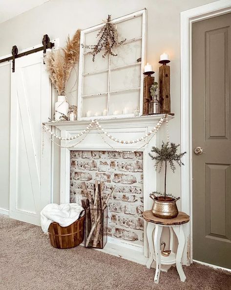 Brick Wallpaper Fireplace, Faux Foyer, Beach Fireplace, Faux Mantle, Faux Fireplace Mantels, Cottage Fireplace, Fake Fireplace, Faux Fireplace Diy, Fireplace Cover