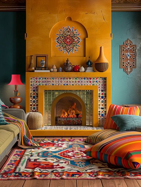 20 Enchanting Bohemian Fireplace Inspirations For Your Home - H.M.G Mexican Tile Fireplace, Bohemian Fireplace, Bright Boho Living Room, Colorful House Decor, Mexican Living Room, Space Efficient Furniture, Spanish Living Room, Islamic Interior Design, Stile Boho Chic