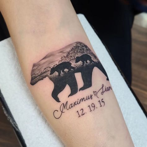 Two Bear Cubs Tattoo, Mother Son Bear Tattoo, Mother Animal Tattoo Ideas, Mama Bear Two Cubs Tattoo, Bear And Cubs Tattoo Mothers, Mama Bear And Her Cubs Tattoo, Twin Tattoo Ideas For Mom, Mother Bear And Cubs Tattoo, Bear Claw Tattoo Women