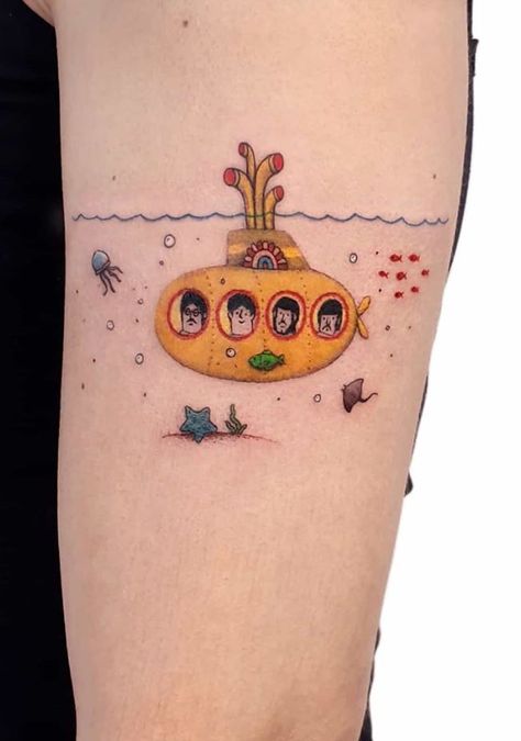 Yellow Submarine Tattoo, Beatles Inspired Tattoos, Submarine Tattoo, Yellow Submarine Art, Bff Tattoos, Incredible Tattoos, Music Tattoos, Dot Work Tattoo, Up Tattoos