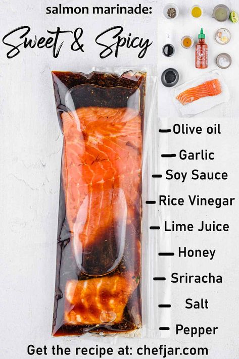 Asian Salmon Marinade, Salmon Marinades, Sweet And Spicy Salmon, Spicy Salmon Recipes, Best Salmon Marinade, Salmon Marinade Recipes, Sweet And Sour Prawns, Asian Salmon, Best Salmon