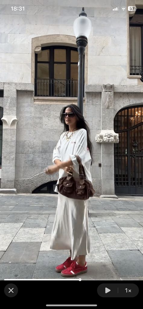 White shirt, white satin skirt, red adidas Silk Midi Skirt Outfit Summer, White Silk Midi Skirt, Zara Skirt Outfit, White Satin Skirt Outfit, Silk Midi Skirt Outfit, Midi Skirt Outfit Summer, Midi Skirt Outfits Summer, White Satin Skirt, Satin Skirt Outfit