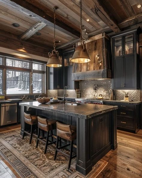 Black Rustic Cabinets, Black And Cedar House Interior, Black Interior Barndominium, Black And Wood House Interior Design, Dark And Wood Kitchen, Rustic Black Kitchen Cabinets, Reclaimed Wood Kitchen Cabinets, Cabin Style Kitchen, Barndo Interior