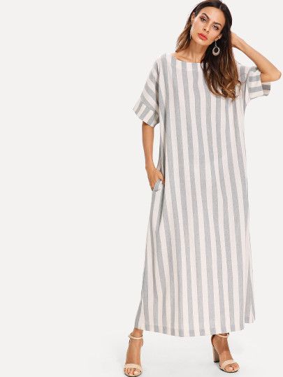 Dress For Plus Size Women, Dress For Plus Size, Cotton Linen Dresses, Bohemian Maxi Dress, Linen Casual, Linen Maxi Dress, Crewneck Dress, Striped Maxi, Stripe Dress