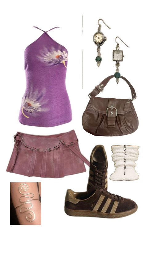 summer outfit skirt sambas brown purple halter top scrunch socks Brown And Purple Outfit, Purple Halter Top, Scrunch Socks, Purple Outfit, Purple And Brown, Summer Outfit, Halter Top, Socks, Skirt