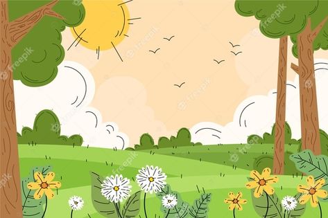 Grass Vector Illustrations, Cute Wallpapers Landscape, Cute Cartoon Landscape, Landscape For Kids, Spring Illustrations, Children Hospital Design, Cartoon Landscape, Spring Cartoon, Spring Drawing