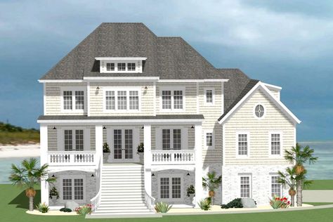 3-Story 5-Bedroom Exclusive Southern Beach House with Two Laundry Rooms and Optional In-law Suite (House Plan) Raised House Plans, Southern Beach House, Raised Beach House, Beach House Layout, Entry Dining Room, Beach House Flooring, Beach House Floor Plans, Elevated House, Bedroom Beach House