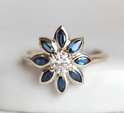 Blue Marquise Sapphire Diamond Ring Floral Diamond Ring with | Etsy Sapphire Flower Ring, Blue Engagement Ring, Floral Engagement Ring, Flower Engagement Ring, Solid Gold Band, Sapphire Diamond Ring, Diamond Flower, Blue Sapphire Rings, Sapphire Engagement