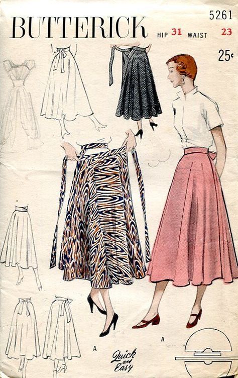 Vintage 1950s Butterick sewing pattern for a full wrap skirt. Pattern is unprinted. Quick and Easy: Swirling merry-go-round skirt. "Quick and Easy" circular skirt for sun, patio or dance floor. Belt band hooks at side front, apron ties in back. Merry-go-round skirt can be worn four ways bow in back, at side, knot-tied in front, and cummerbund fashion. Áo Blu, Wrap Skirt Pattern, Diy Sy, Patron Vintage, Design Moda, Look Retro, Butterick Sewing Pattern, Couture Mode, Skirt Patterns Sewing