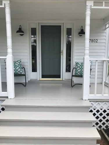 Painted Front Porch Floors, Gray And White Front Porch, Paint Front Porch Wood, Painting Front Porch Wood, Porch Paint Colors Wood, Painted Front Deck, Painting Porch Wood, Painted Front Porch Wood, Front Porch Floor Colors