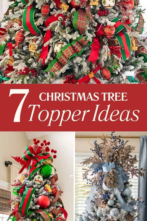 Seven unique Christmas tree toppers, complete with tips to help you recreate them at home. Diy Christmas Topper, Unique Christmas Tree Toppers, Christmas Tree Topper Ideas, Christmas Tree Toppers Unique, Tree Topper Ideas, Christmas Foyer, Decorating Christmas Trees, Xmas Tree Toppers, Centerpieces Christmas