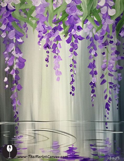 Wisteria Painting Watercolors, Wisteria Painting Tutorial, Violet Flower Painting Acrylic, Wisteria Art Painting, How To Paint Wisteria Acrylic, Purple Flower Painting Acrylic Easy, Purple Things To Paint, Purple Flower Painting Easy, Hanging Flowers Painting