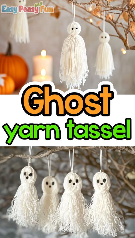 How to Make Yarn Tassel Ghosts - Easy Peasy and Fun Yarn Ghost, Carrot Craft, Yarn Crafts For Kids, Caterpillar Craft, Ghost Crafts, Yarn Tassel, How To Make Tassels, Kids Things To Do, Fun Halloween Crafts