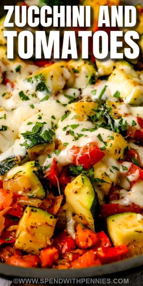 This zucchini and tomatoes recipe makes a savory side dish that everyone will love. The zucchini and tomatoes are lightly seasoned and then topped with melty cheese. This is so good served with pasta or some roasted chicken. #zucchiniandtomatoes #sauteedzucchini #zucchiniandtomatoesrecipe #spendwithpennies Zucchini And Tomatoes Sauteed, Stovetop Zucchini Recipes, Zucchini With Tomatoes Recipes, Zucchini And Tomatoes Recipes, Zucchini And Onions Sauteed, Zucchini Tomato Recipes, Zucchini And Tomato Recipes, Zucchini Sauteed, Mozzarella Zucchini