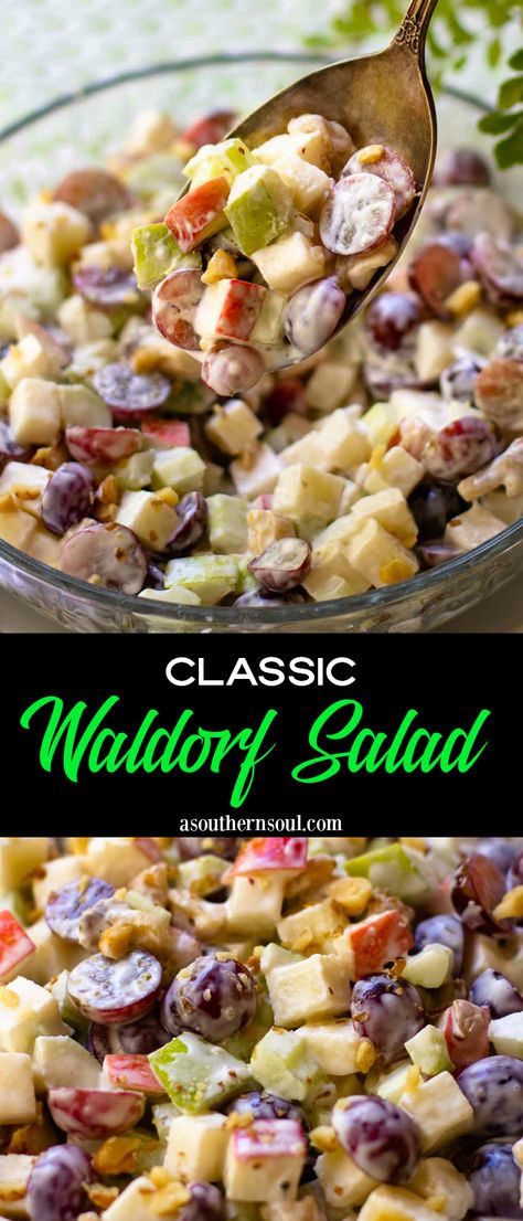 Crisp apples, juicy grapes along with crunchy celery, and walnuts are tossed in a creamy dressing to make a classic recipe that’s super delicious! Waldorf Salad is a perfect side dish to serve any time of the year and is ideal for covered dish suppers, potlucks, or whenever you’re feeding a crowd. Apple Waldorf Salad, Salad Recipes Easy, Waldorf Salad Recipe, A Southern Soul, Apple Salad Recipes, Salads For A Crowd, Waldorf Salad, Grape Salad, Fruit Salads