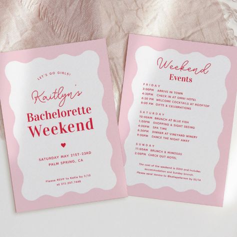 Pink and Red Wavy Bachelorette Weekend Itinerary Invitation Bachelorette Card, Itinerary Invitation, Pink Bachelorette Party, Bachelorette Weekend Itinerary, Pink Bachelorette, Bachelorette Itinerary, Bachelorette Gift, Bridal Bachelorette Party, Bachelorette Decorations