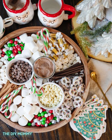 Create a Festive Hot Chocolate Station on a Tray for Your Christmas Party | The DIY Mommy Party Tray Ideas, Diy Party Trays, Fruit Cascade, Pecan Baked Brie, Hot Chocolate Station, Chocolate Station, Classic Hot Chocolate, Diy Mommy, Diy Hot Chocolate