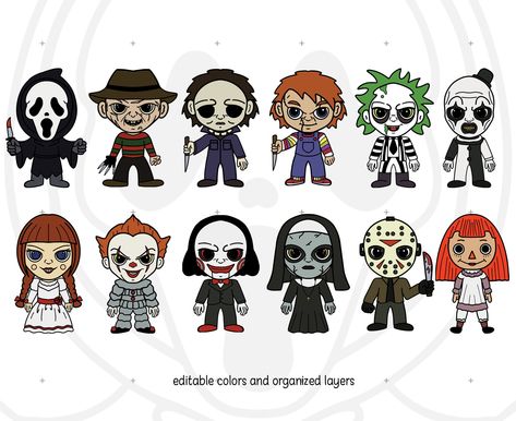 Halloween Movies Drawings, Chibi Horror Characters, Halloween Characters Movie, Lash Decals, Halloween Cutouts, Creepy Sketches, Horror Room, Cute Horror, Horror Movie Tattoos