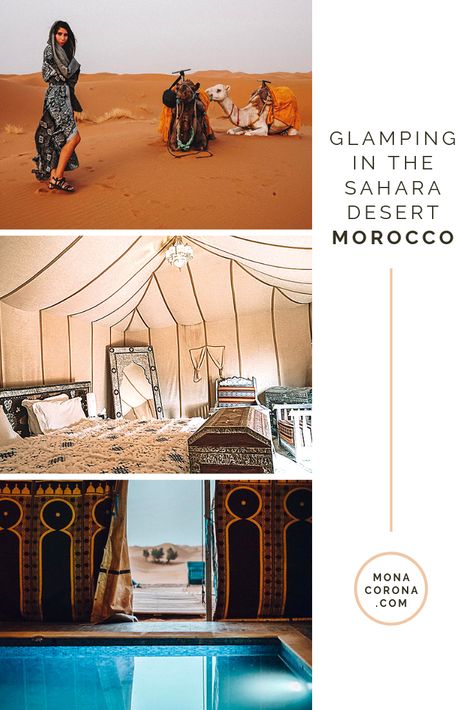 Looking to go glamping in the Sahara Desert, Morocco? Click here to learn all about the best luxury desert camp in Morocco. Glamping/Camping in the Morocco is a bucket list must, and glamping in Merzouga (Sahara Desert) is the best way to do it. | MonaCorona.com   #monacorona  #Morocco #saharadesert #cameltrekking #ergchebbi #merzouga #desertluxurycamp #marrakech #fes #glamping Morocco Glamping, Sahara Dessert, North Africa Travel, Desert Morocco, Visiting Rome, Desert Camp, Desert Adventure, Marrakech Travel, Lake District England