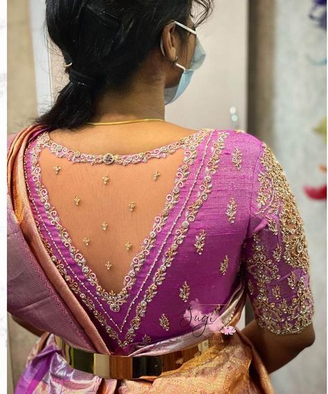 Work Blouse Back Designs Latest, Netted Blouse Designs Maggam Work, Back Work Blouse Designs Latest, Back Neck V Shape Blouse, Boat Neck Blouse Designs Latest Back Maggam Work, Net Pattu Blouse Designs, Silk Saree Net Blouse Designs, Back Net Maggam Work Blouses, Maggam Work Blouse Designs Latest Net