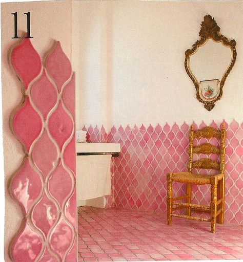 Interesting way to end the tile without a cap rail. Just end it. The shape is interesting, sort of Moroccan. Tiles Moroccan, Bad Inspiration, Pink Tiles, Room Tiles, Deco Boheme, Bathroom Tiles, Pink Bathroom, Bath Room, White Tiles