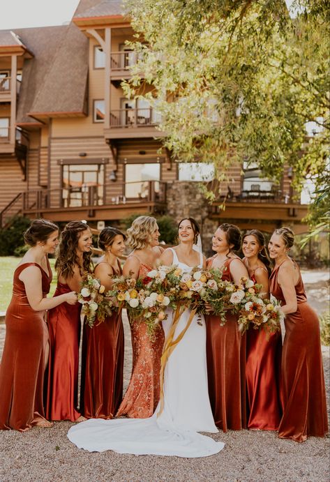 Different Texture Bridesmaid Dresses Rust, Wedding With Different Bridesmaid Dresses, Different Color And Texture Bridesmaid Dresses, Mismatched Rust Bridesmaid Dresses, Boho Bridesmaid Colors, Bridesmaid Dresses Different Fabrics, Rusted Orange Bridesmaid Dresses, Different Textures Bridesmaid Dresses, Mixed Rust Bridesmaid Dresses