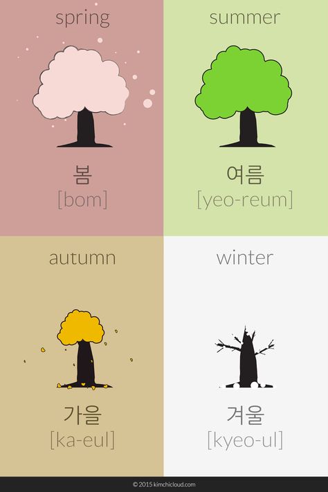 The words for the four seasons in Korean are: Summer: Spring: 봄 (bom), 여름 (yeo-reum), Autumn / Fall: 가을 (ka-eul), and finally Winter 겨울 (kyeo-ul). Learning Korean Grammar, Korean Slang, Learn Basic Korean, Korean Kimchi, Learn Korean Alphabet, Easy Korean Words, Learn Hangul, Materi Bahasa Jepang, Learn Korea