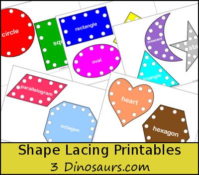 Free Shape Lacing Printable - 3Dinosaurs.com Lacing Shapes Free Printable, Daycare Printables Forms, Shape Activities, 3 Dinosaurs, Daycare Forms, Teaching Shapes, Lacing Cards, Shapes Preschool, Preschool Fine Motor